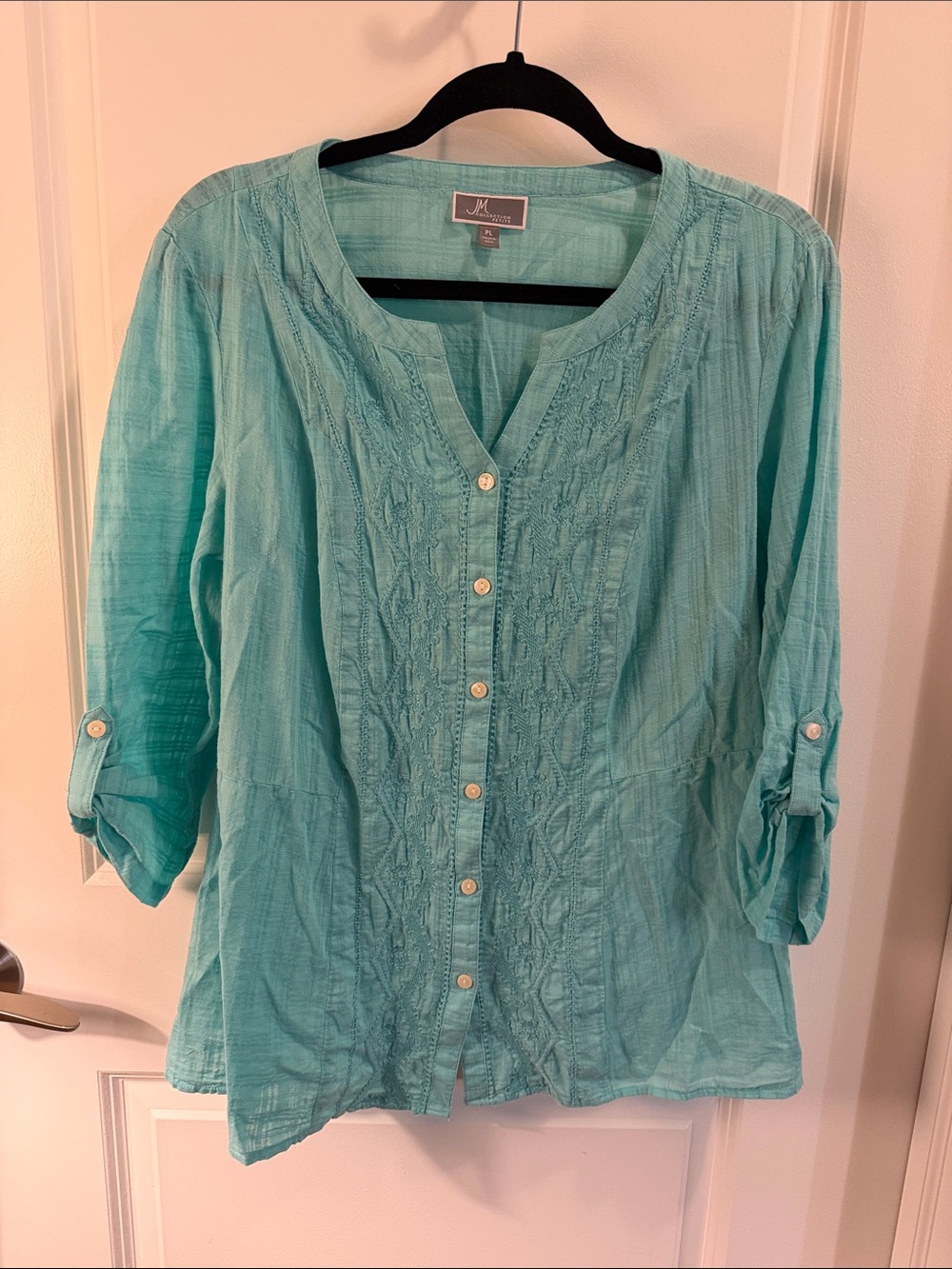 JM Collection Aqua Button-Front Pintuck Blouse